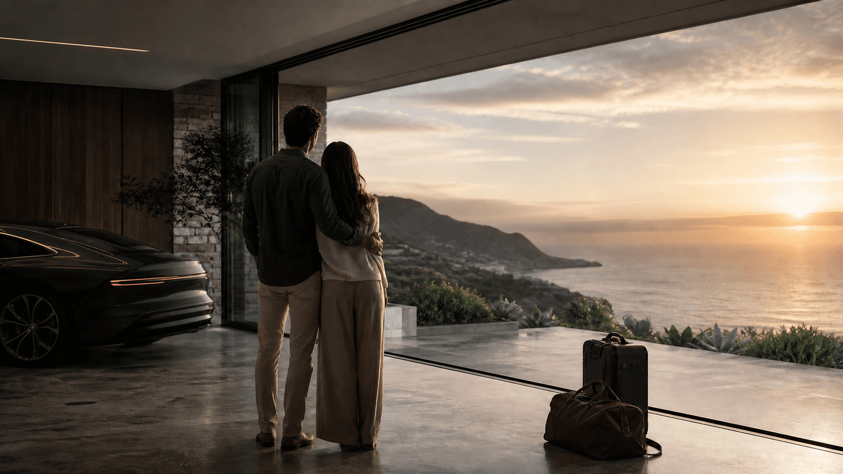 A couple looking toward a future home, travel and freedom at sunrise